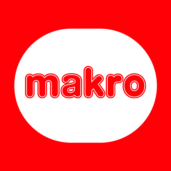 Makro logo: red background with a white rounded square and the word makro in red outlined letters.